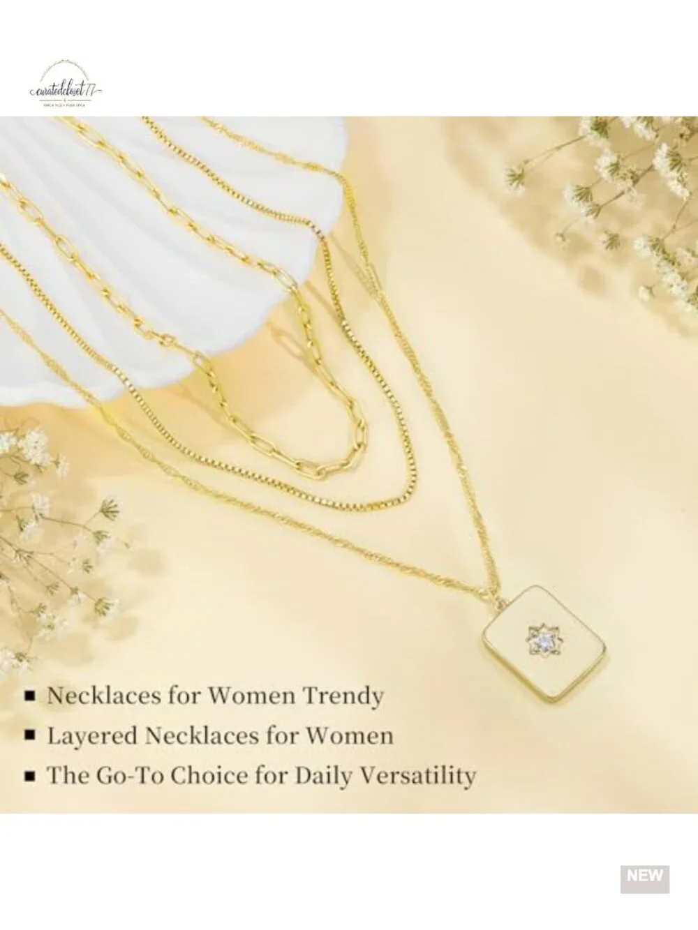 14K Gold Plated Layered Heart Square Pendant Necklace 3-in-1